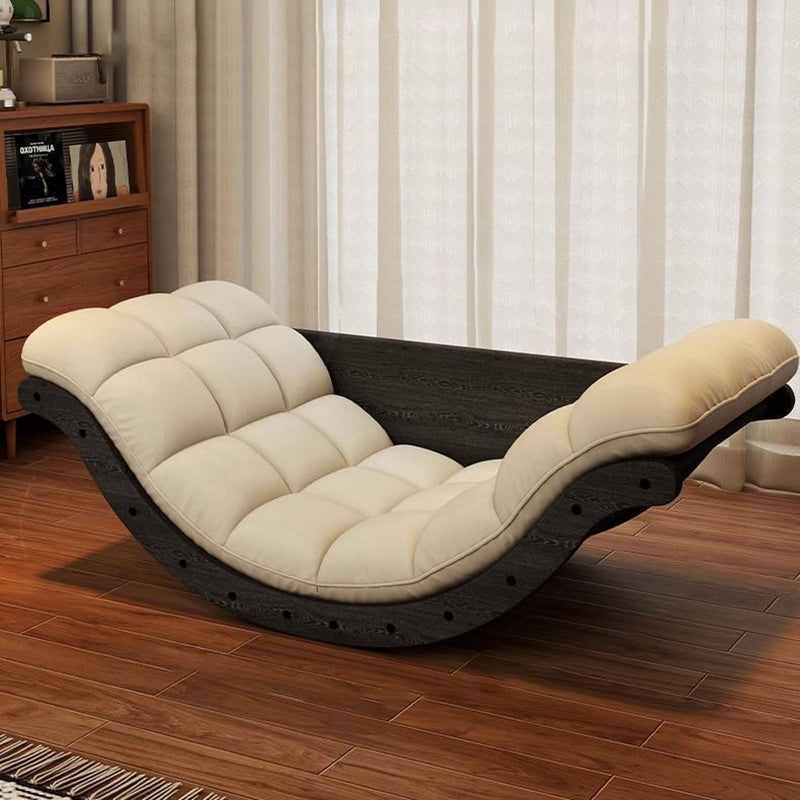 Contemporary Nordic Faux Leather Cotton-Linen & Wood Moon Boat Rocking Chair Recliner With Backrest For Living Room & Bedroom
