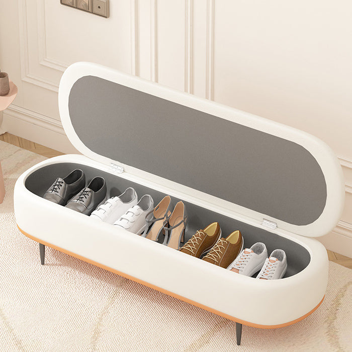 Contemporary Nordic Faux Leather Wood Carbon Steel Oval Storage Bench With Backrest For Bedroom & Entryway