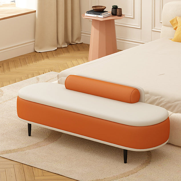 Contemporary Nordic Faux Leather Wood Carbon Steel Oval Storage Bench With Backrest For Bedroom & Entryway