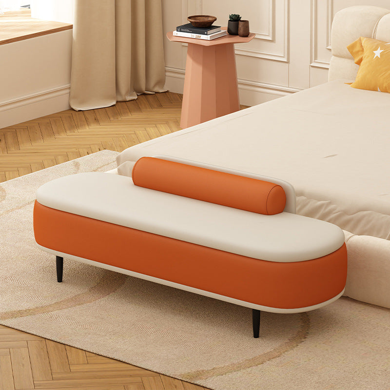 Contemporary Nordic Faux Leather Wood Carbon Steel Oval Storage Bench With Backrest For Bedroom & Entryway