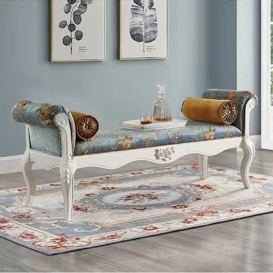 Traditional European Fabric Microfiber Leather & Solid Wood Rectangular Shoe Bench With Armrests For Bedroom