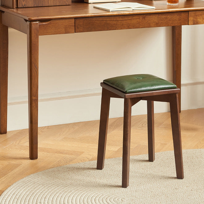 Contemporary Retro Microfiber Leather Rubber Wood Square Vanity Stool With Stackable Design For Bedroom And Dining Room