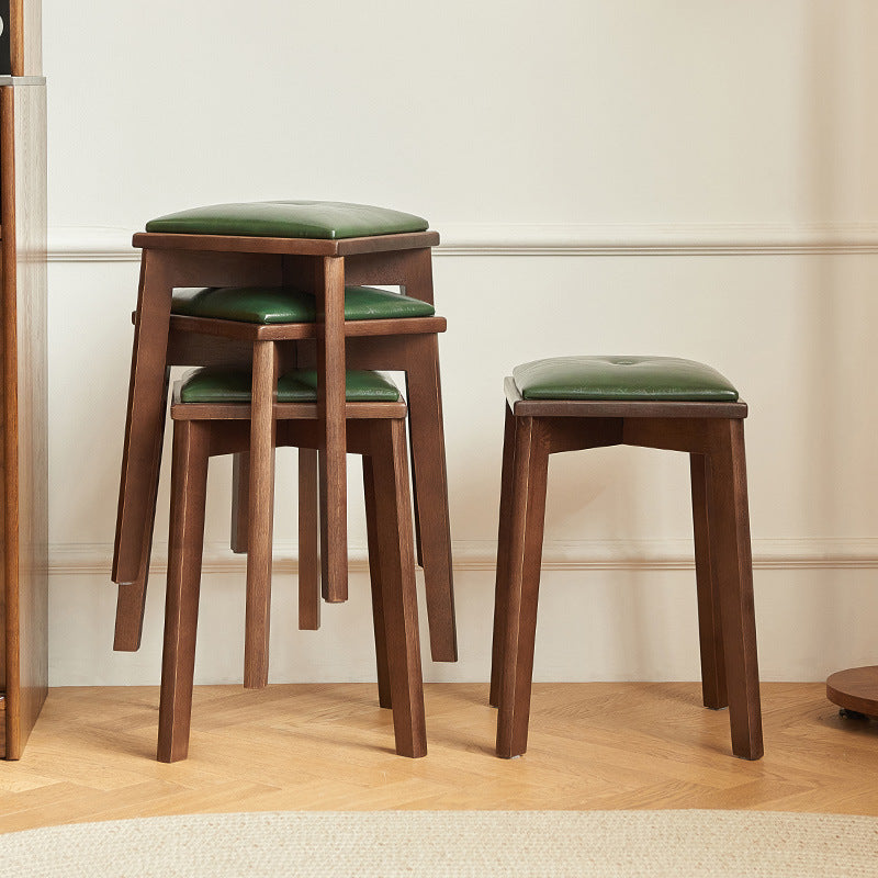 Contemporary Retro Microfiber Leather Rubber Wood Square Vanity Stool With Stackable Design For Bedroom And Dining Room