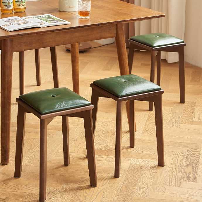 Contemporary Retro Microfiber Leather Rubber Wood Square Vanity Stool With Stackable Design For Bedroom And Dining Room