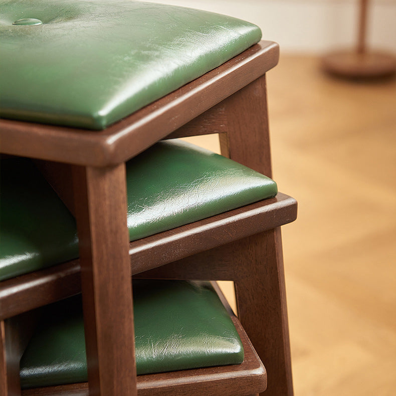Contemporary Retro Microfiber Leather Rubber Wood Square Vanity Stool With Stackable Design For Bedroom And Dining Room