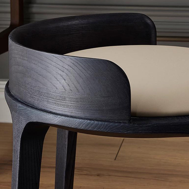 Contemporary Retro Ash Oak Wood Leather Round Vanity Stool With Backrest For Bedroom