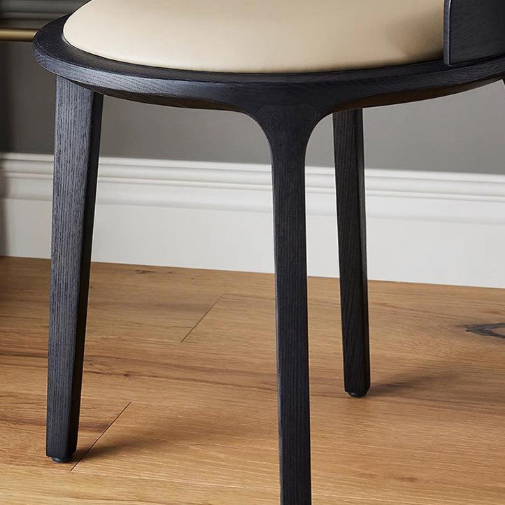 Contemporary Retro Ash Oak Wood Leather Round Vanity Stool With Backrest For Bedroom
