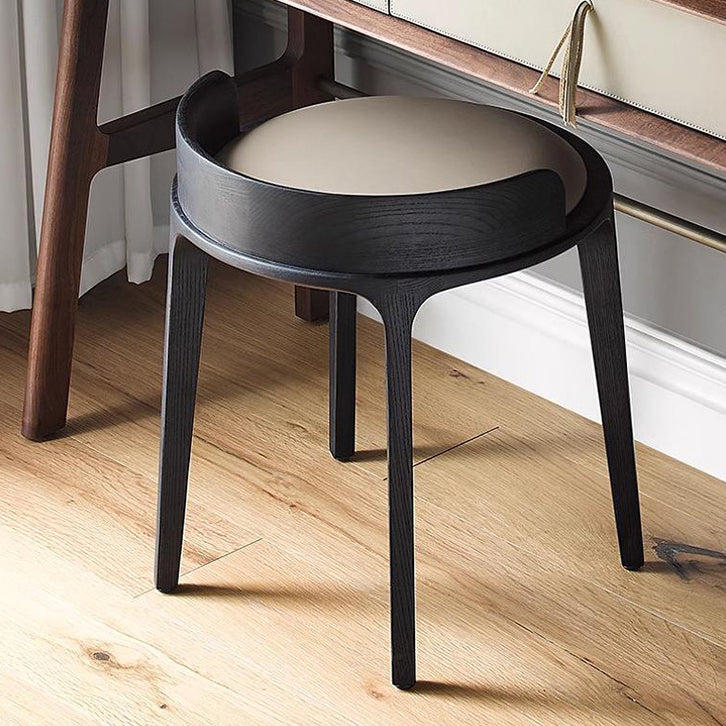 Contemporary Retro Ash Oak Wood Leather Round Vanity Stool With Backrest For Bedroom