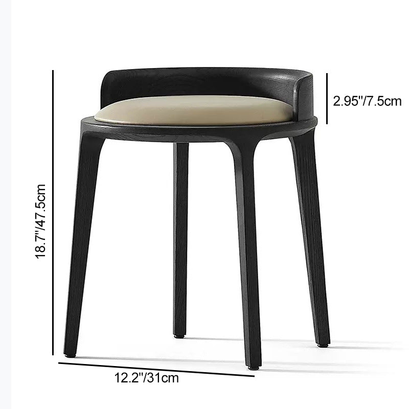 Contemporary Retro Ash Oak Wood Leather Round Vanity Stool With Backrest For Bedroom