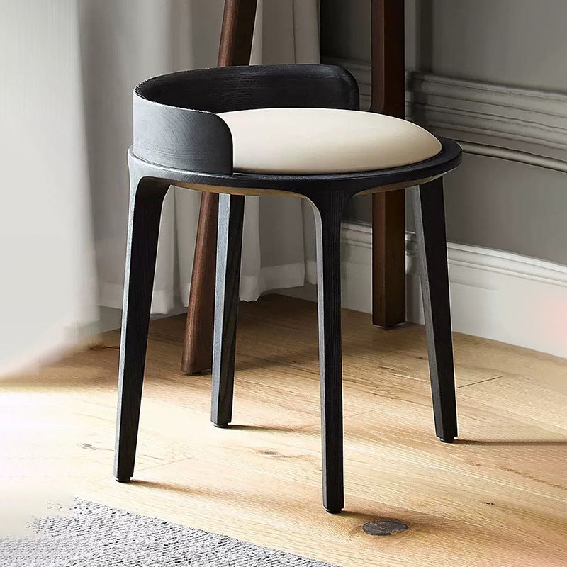 Contemporary Retro Ash Oak Wood Leather Round Vanity Stool With Backrest For Bedroom
