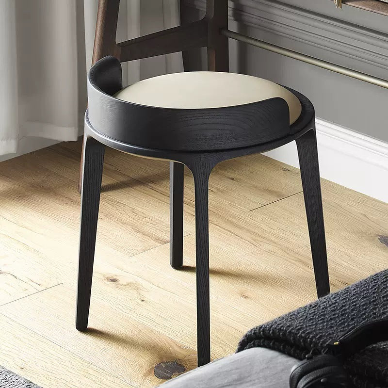 Contemporary Retro Ash Oak Wood Leather Round Vanity Stool With Backrest For Bedroom