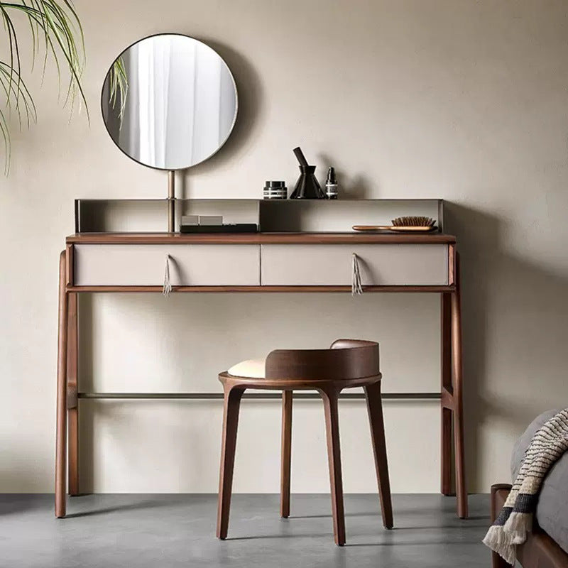 Contemporary Retro Ash Oak Wood Leather Round Vanity Stool With Backrest For Bedroom