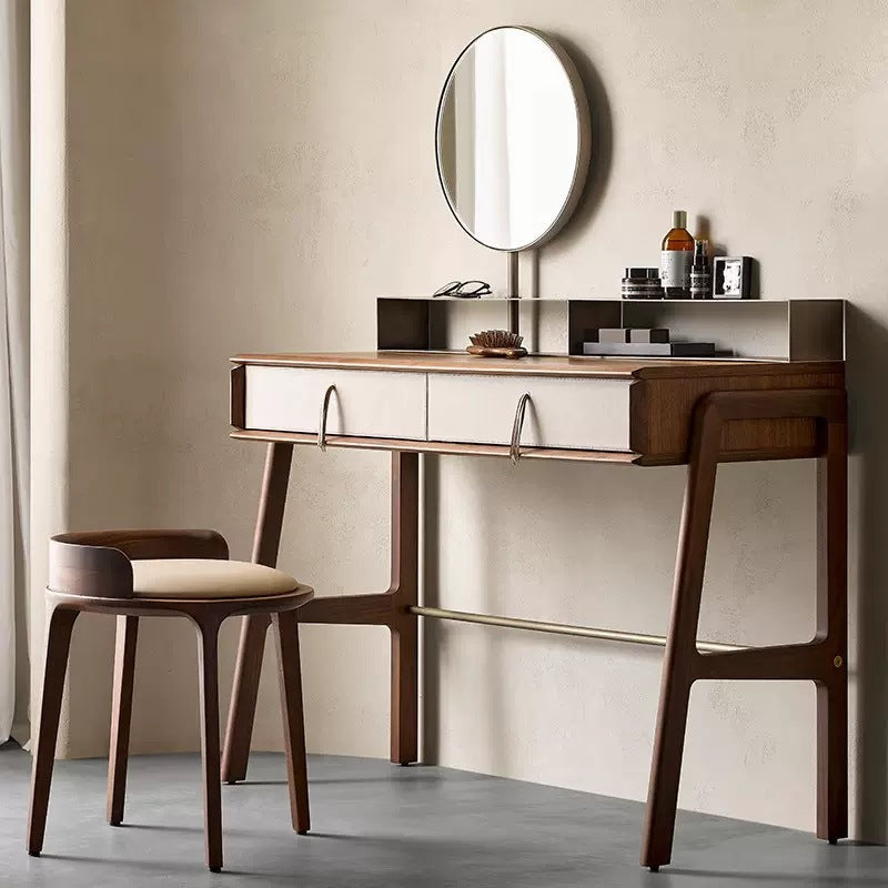 Contemporary Retro Ash Oak Wood Leather Round Vanity Stool With Backrest For Bedroom