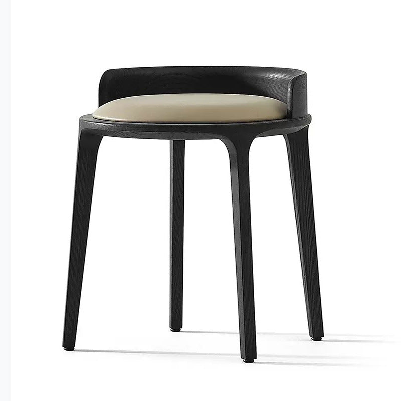 Contemporary Retro Ash Oak Wood Leather Round Vanity Stool With Backrest For Bedroom