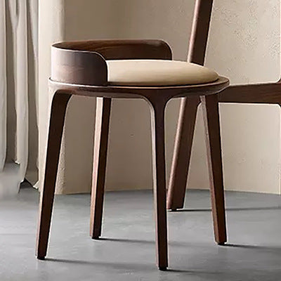 Contemporary Retro Ash Oak Wood Leather Round Vanity Stool With Backrest For Bedroom