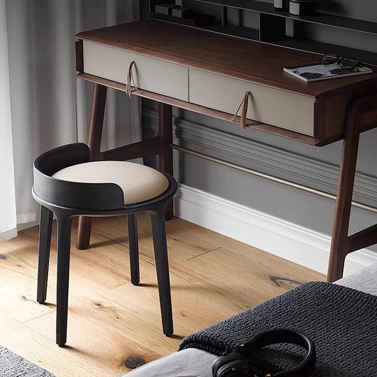 Contemporary Retro Ash Oak Wood Leather Round Vanity Stool With Backrest For Bedroom