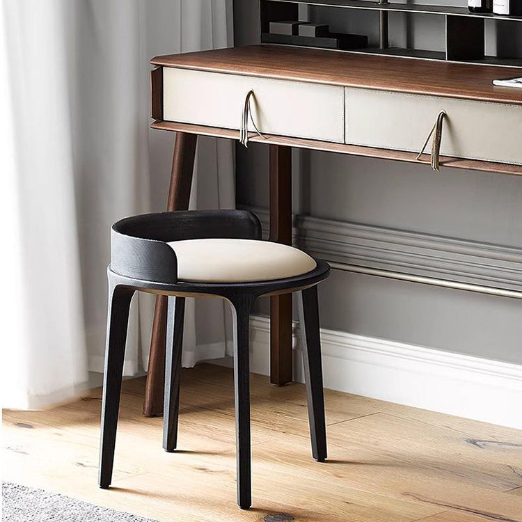 Contemporary Retro Ash Oak Wood Leather Round Vanity Stool With Backrest For Bedroom