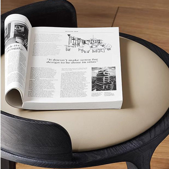 Contemporary Retro Ash Oak Wood Leather Round Vanity Stool With Backrest For Bedroom
