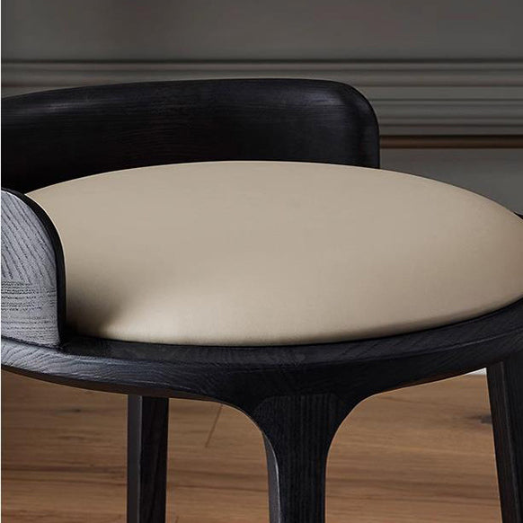Contemporary Retro Ash Oak Wood Leather Round Vanity Stool With Backrest For Bedroom