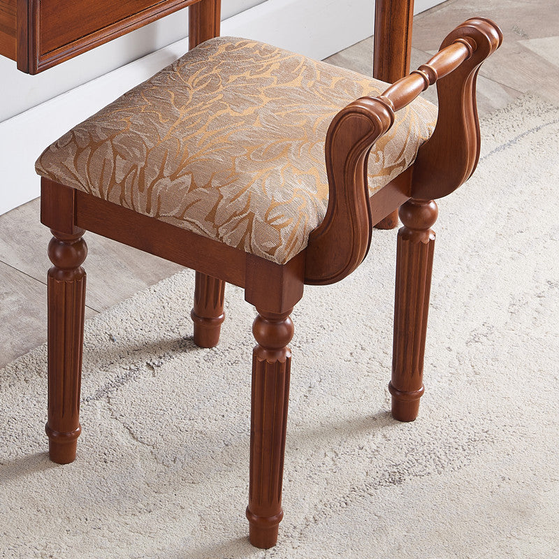 Contemporary Retro Microfiber Leather Fabric Wood Jacquard Square Vanity Stool With Backrest For Bedroom