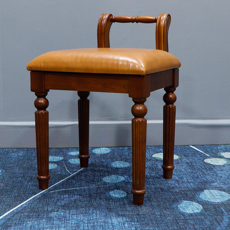 Contemporary Retro Microfiber Leather Fabric Wood Jacquard Square Vanity Stool With Backrest For Bedroom