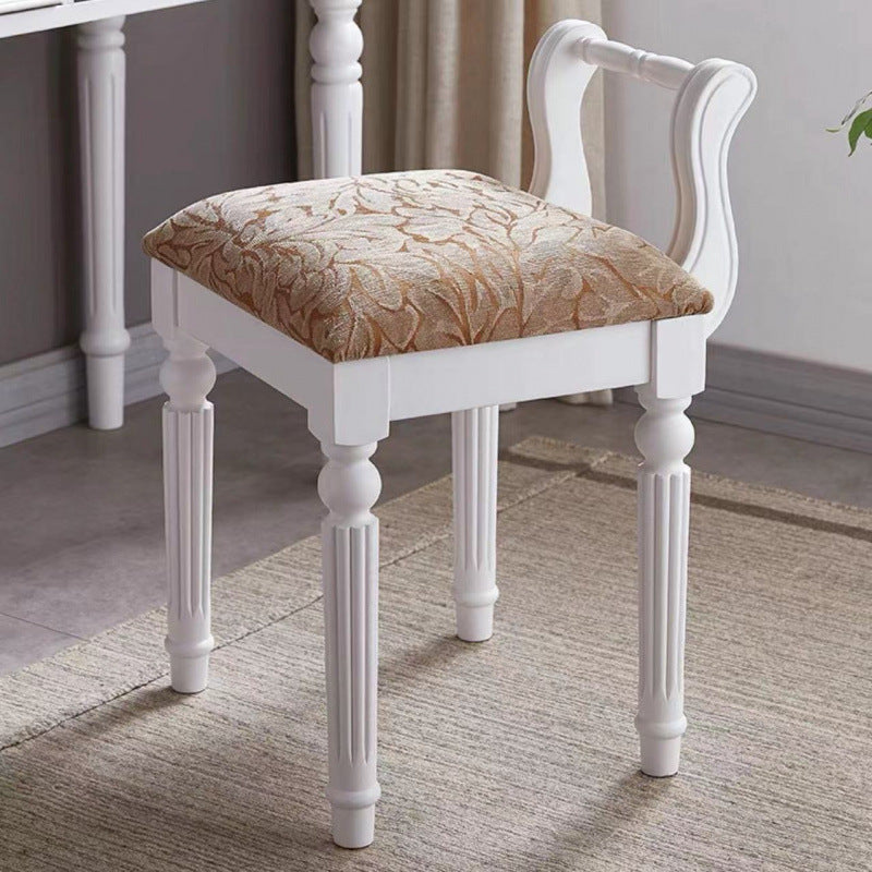 Contemporary Retro Microfiber Leather Fabric Wood Jacquard Square Vanity Stool With Backrest For Bedroom