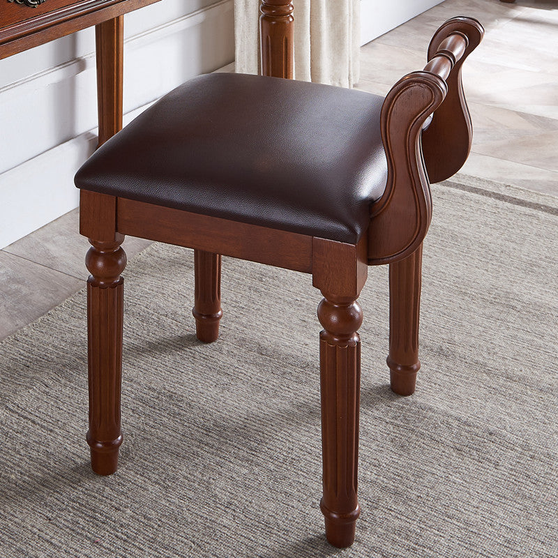 Contemporary Retro Microfiber Leather Fabric Wood Jacquard Square Vanity Stool With Backrest For Bedroom