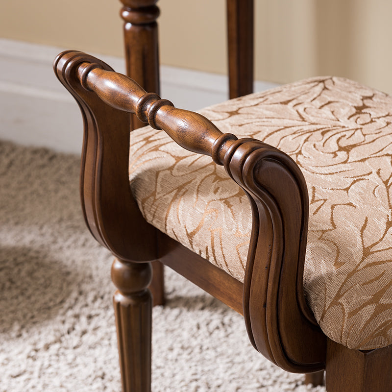 Contemporary Retro Microfiber Leather Fabric Wood Jacquard Square Vanity Stool With Backrest For Bedroom