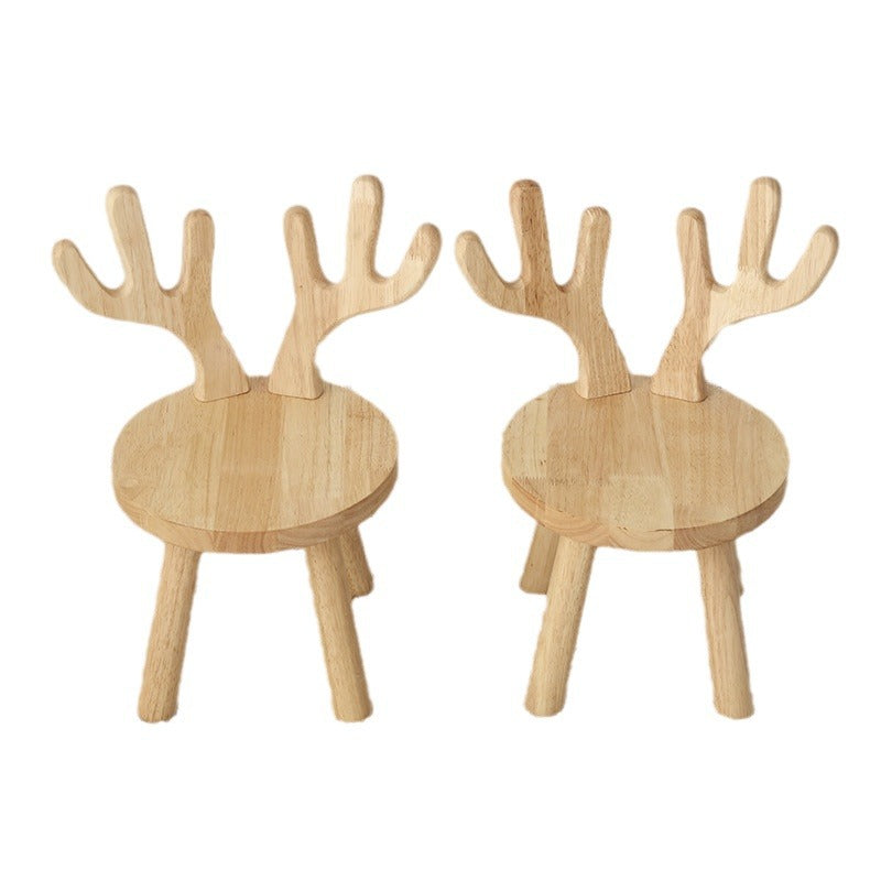 Contemporary Creative Solid Wood Antler Round Kids Low Stool With Backrest For Living Room And Entryway