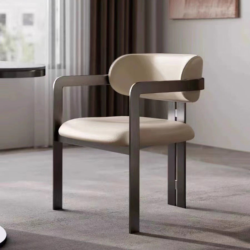 Contemporary Nordic Square Upholstered Stainless Steel Frame Microfiber Leather Dining Chair Curved Backrest Armrest for Dining Room