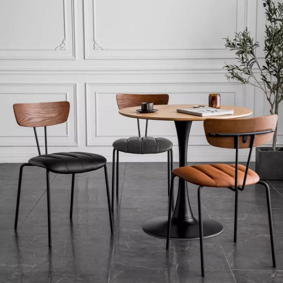 Contemporary Nordic Round Striped Upholstered Wood Faux Leather Metal Frame Dining Chair Backrest For Dining Room