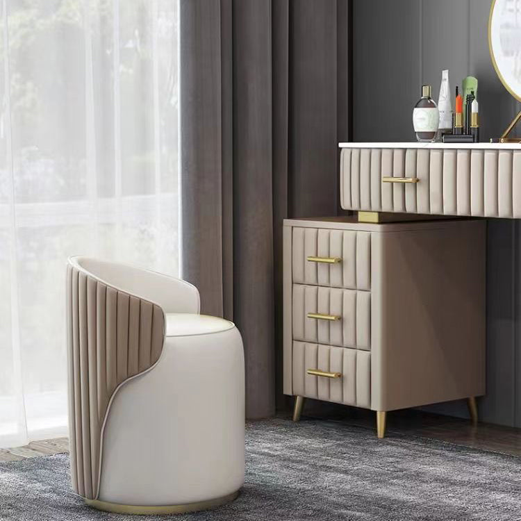 Modern Minimalist Cylindrical Striped Microfiber Leather Solid Wood Frame Metal Base Vanity Stool For Bedroom