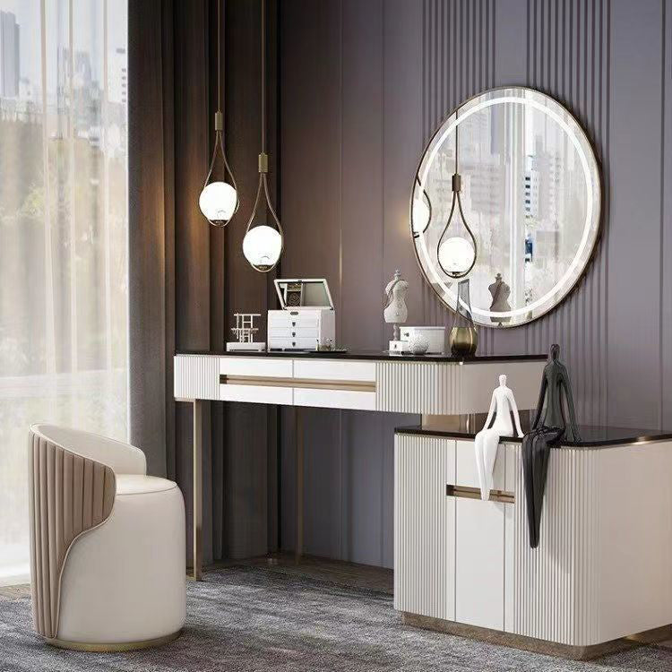 Modern Minimalist Cylindrical Striped Microfiber Leather Solid Wood Frame Metal Base Vanity Stool For Bedroom