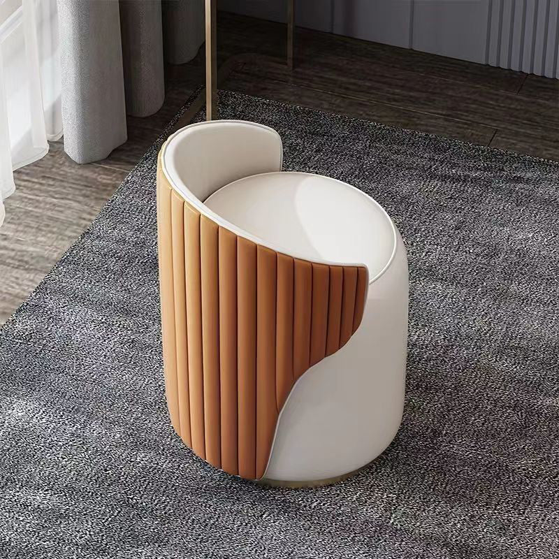 Modern Minimalist Cylindrical Striped Microfiber Leather Solid Wood Frame Metal Base Vanity Stool For Bedroom