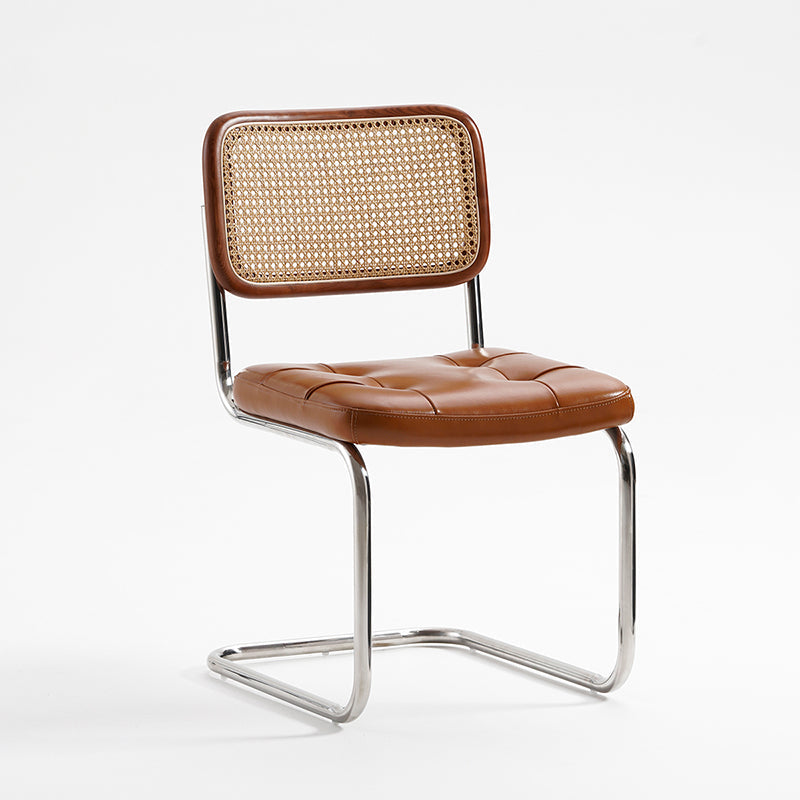 Traditional Vintage Arc Stainless Steel Leather Sponge Plastic Rattan Weaving Dining Chair Backrest Armless For Dining Room