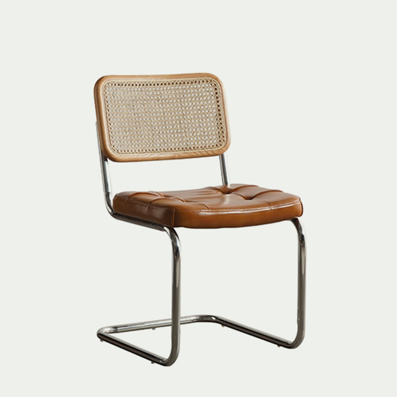 Traditional Vintage Arc Stainless Steel Leather Sponge Plastic Rattan Weaving Dining Chair Backrest Armless For Dining Room