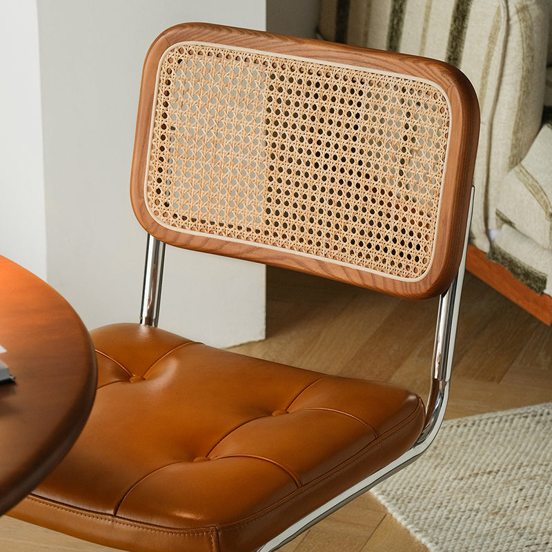 Traditional Vintage Arc Stainless Steel Leather Sponge Plastic Rattan Weaving Dining Chair Backrest Armless For Dining Room