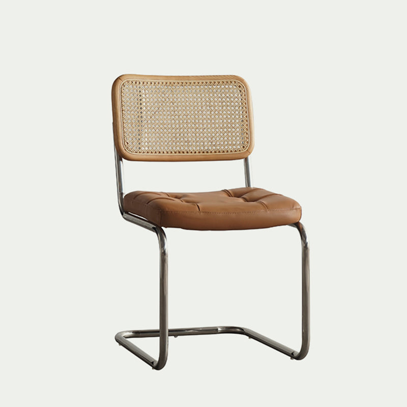 Traditional Vintage Arc Stainless Steel Leather Sponge Plastic Rattan Weaving Dining Chair Backrest Armless For Dining Room