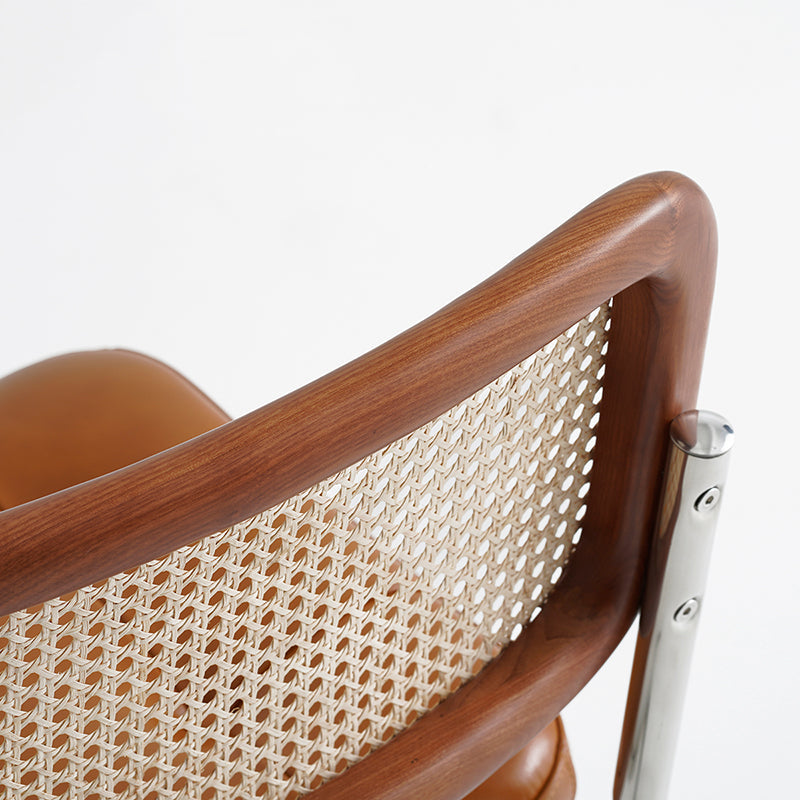 Traditional Vintage Arc Stainless Steel Leather Sponge Plastic Rattan Weaving Dining Chair Backrest Armless For Dining Room