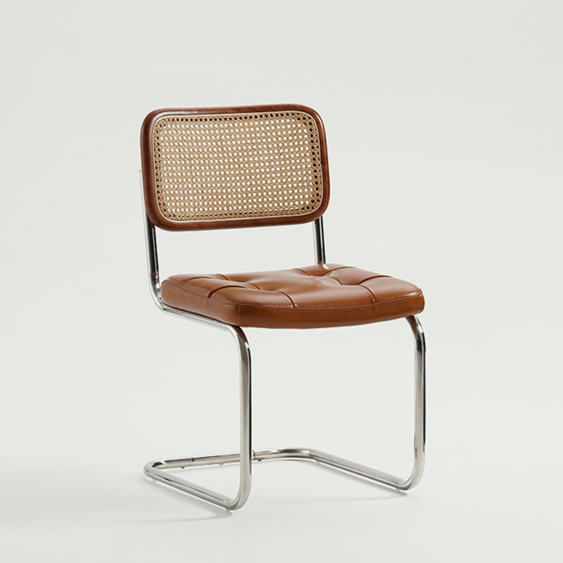 Traditional Vintage Arc Stainless Steel Leather Sponge Plastic Rattan Weaving Dining Chair Backrest Armless For Dining Room