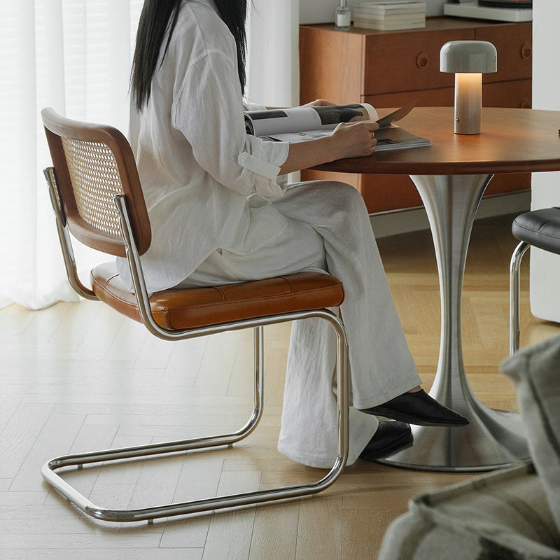 Traditional Vintage Arc Stainless Steel Leather Sponge Plastic Rattan Weaving Dining Chair Backrest Armless For Dining Room