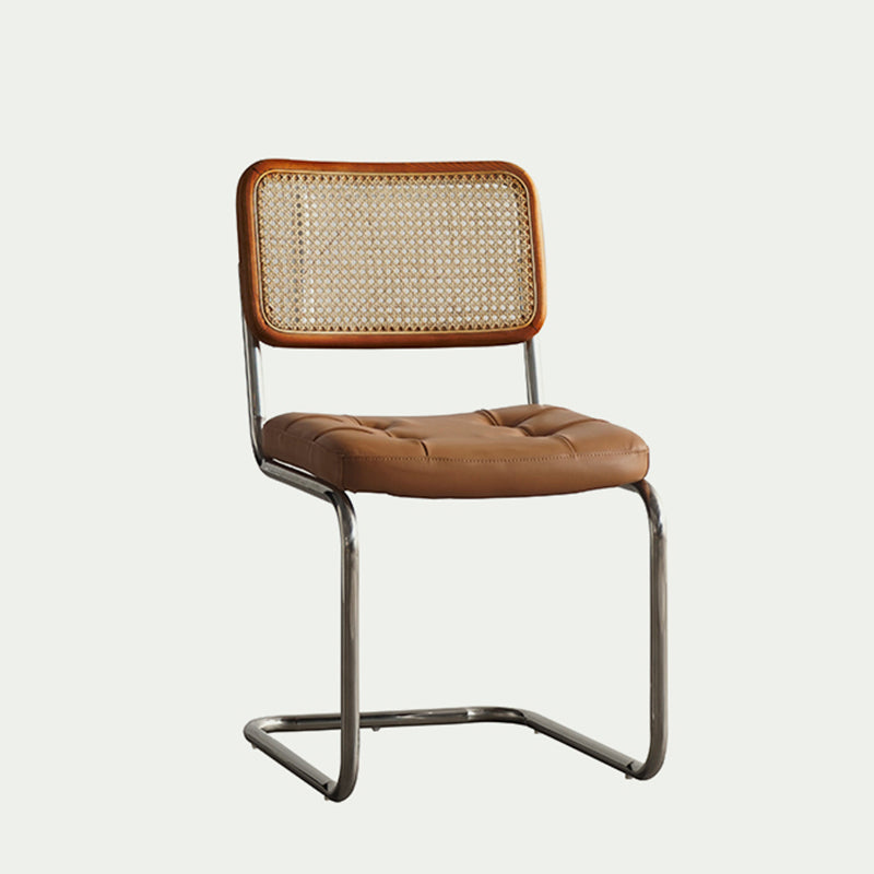 Traditional Vintage Arc Stainless Steel Leather Sponge Plastic Rattan Weaving Dining Chair Backrest Armless For Dining Room