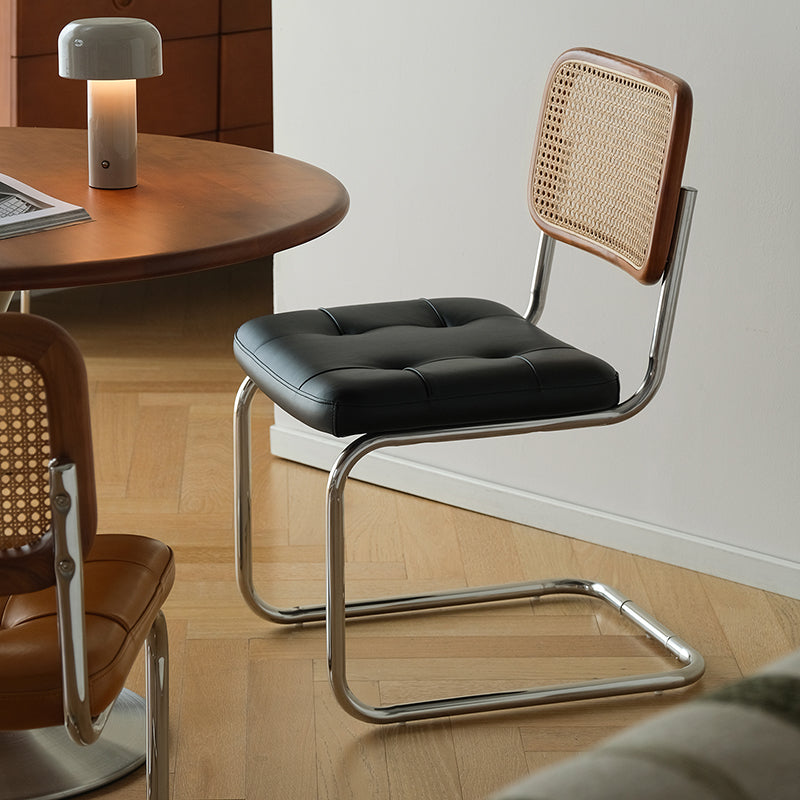 Traditional Vintage Arc Stainless Steel Leather Sponge Plastic Rattan Weaving Dining Chair Backrest Armless For Dining Room