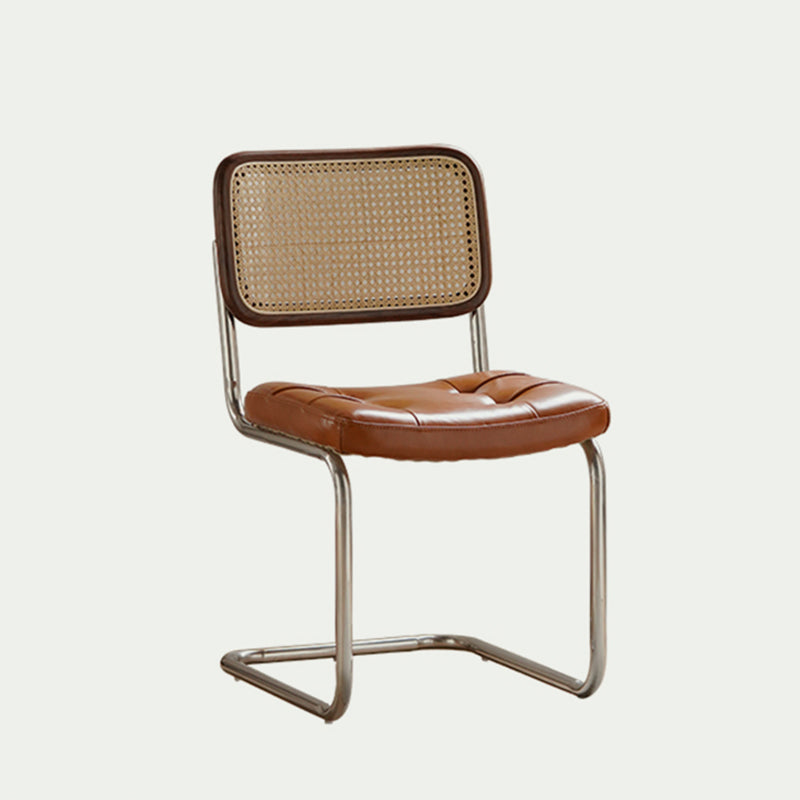 Traditional Vintage Arc Stainless Steel Leather Sponge Plastic Rattan Weaving Dining Chair Backrest Armless For Dining Room