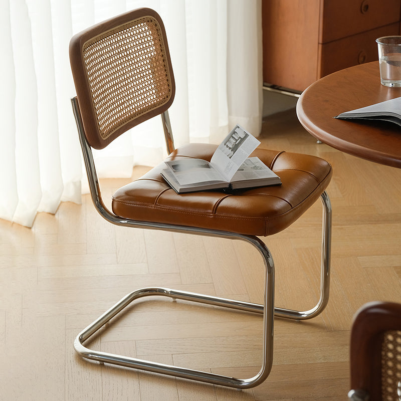 Traditional Vintage Arc Stainless Steel Leather Sponge Plastic Rattan Weaving Dining Chair Backrest Armless For Dining Room