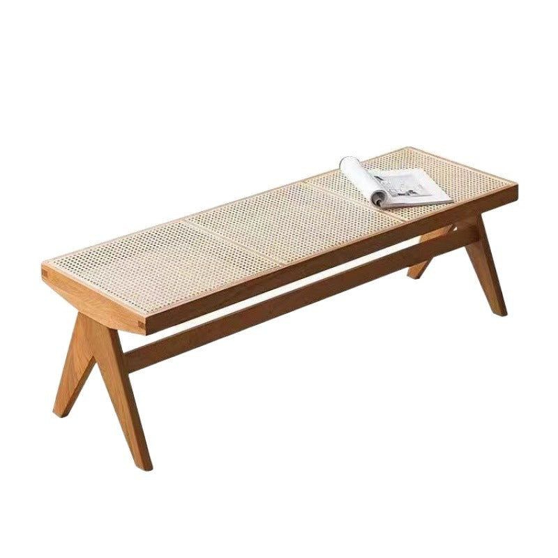 Traditional Japanese Weaving Rubber Wood Rattan Rectangular Square Low Stool Backless For Dining Room