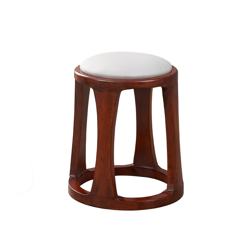 Traditional Chinese Tech Fabric & Leather Wooden Round Low Stool For Living Room And Bedroom