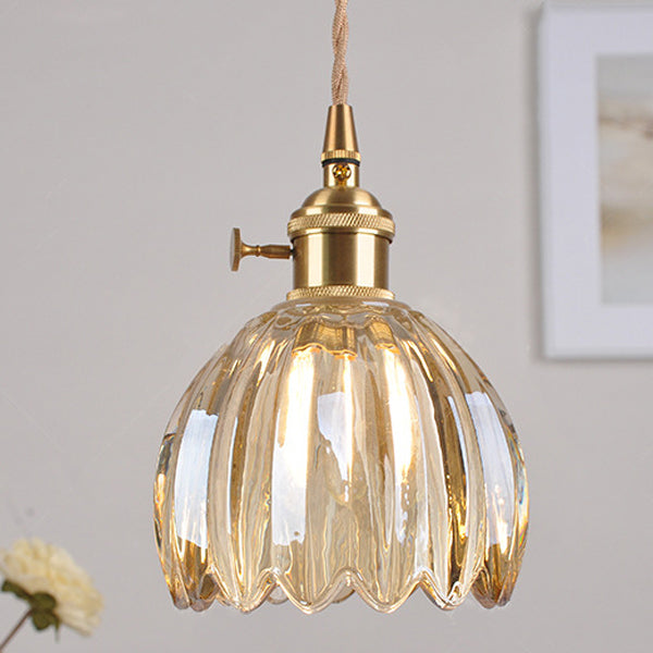 Traditional Vintage Floral Glass Copper 1-Light Pendant Light For Dining Room