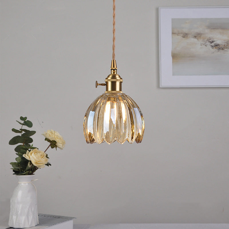 Traditional Vintage Floral Glass Copper 1-Light Pendant Light For Dining Room