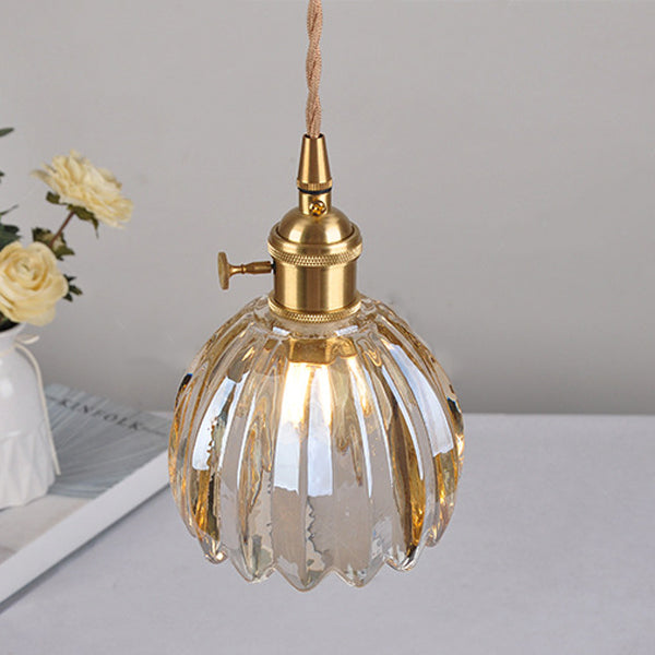 Traditional Vintage Floral Glass Copper 1-Light Pendant Light For Dining Room